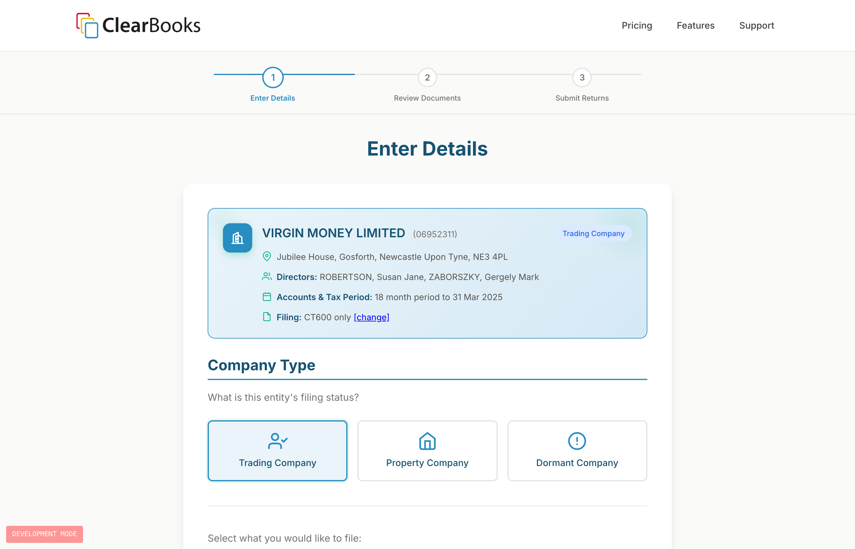 Company details screen showing company loaded from Companies House