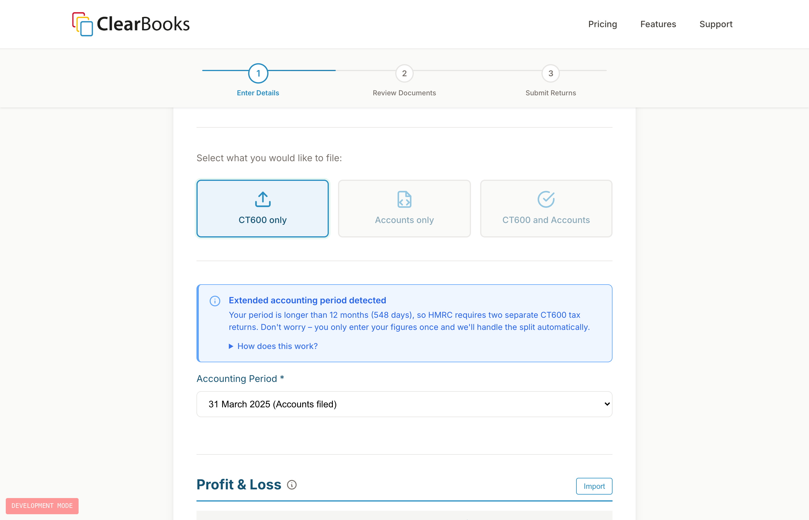 Filing options showing CT600 only, Accounts only, or both