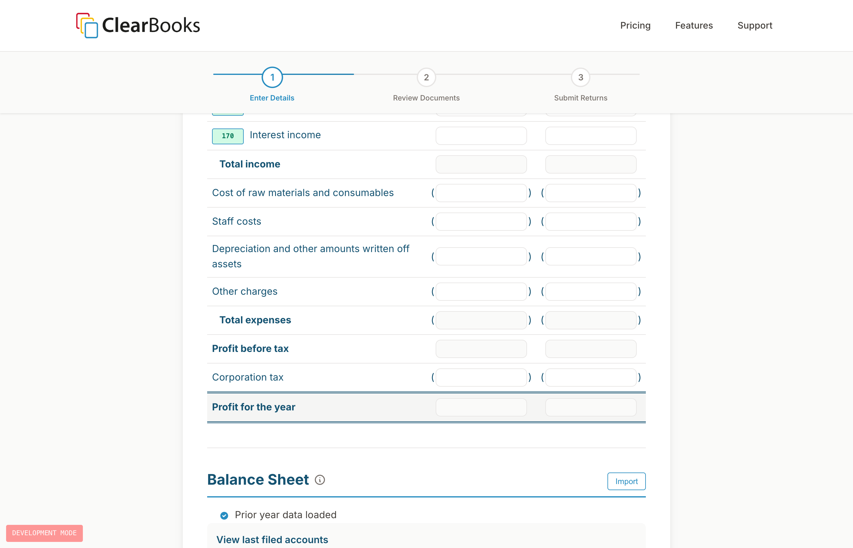 Balance Sheet entry showing assets and liabilities