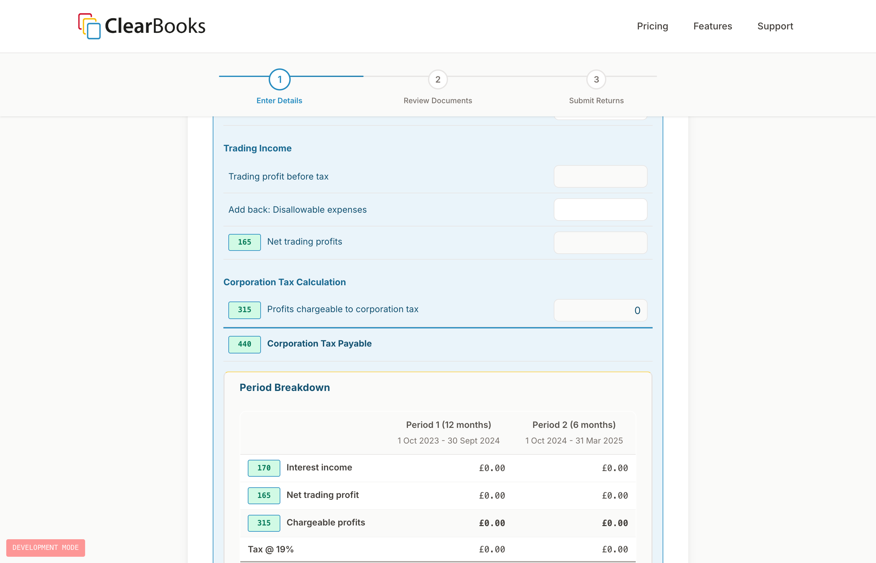 Tax computation showing corporation tax calculation and period breakdown